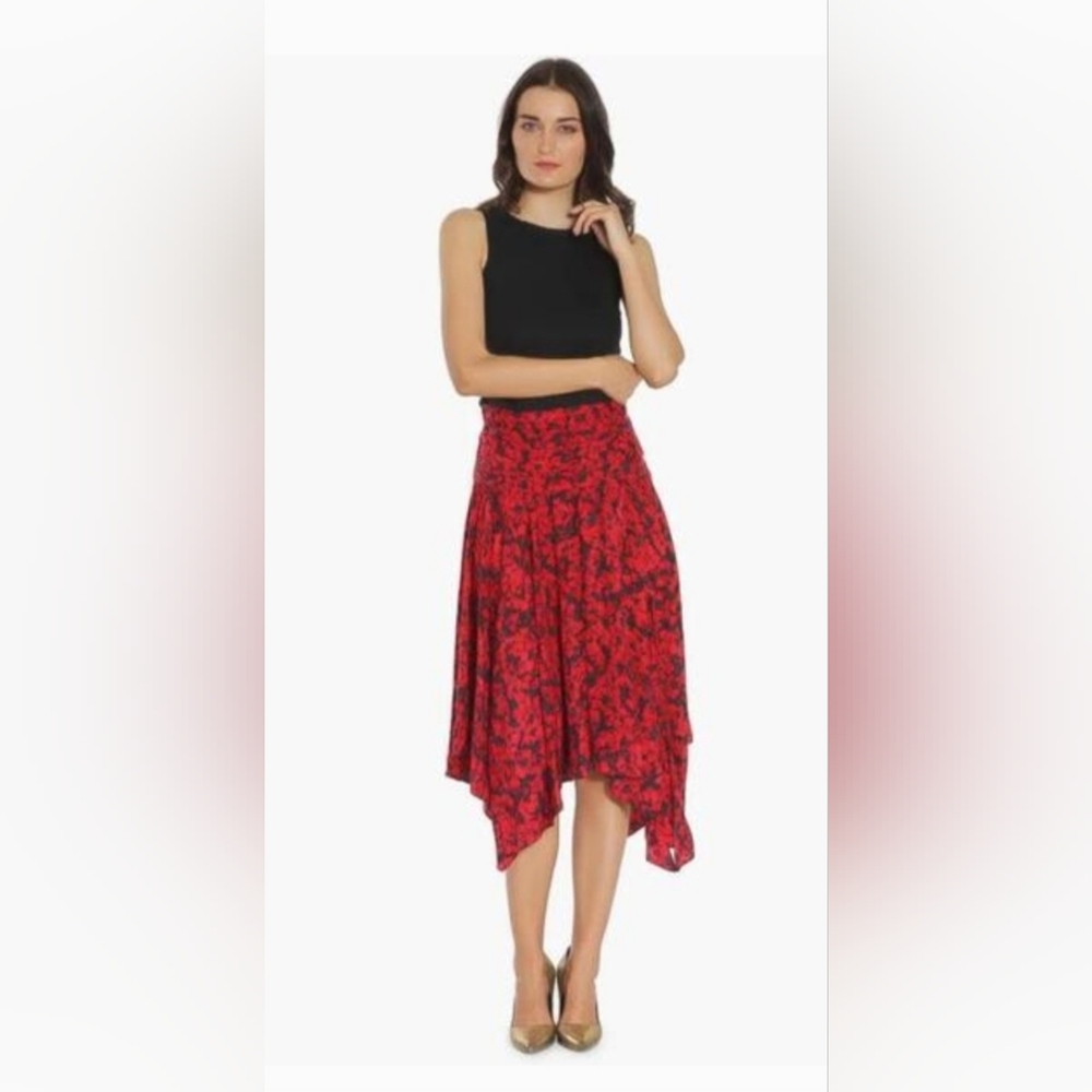 Zadig & Voltaire Red & Black Floral Silk‎ Blend Asymmetrical Skirt Sz 40 Or US 8